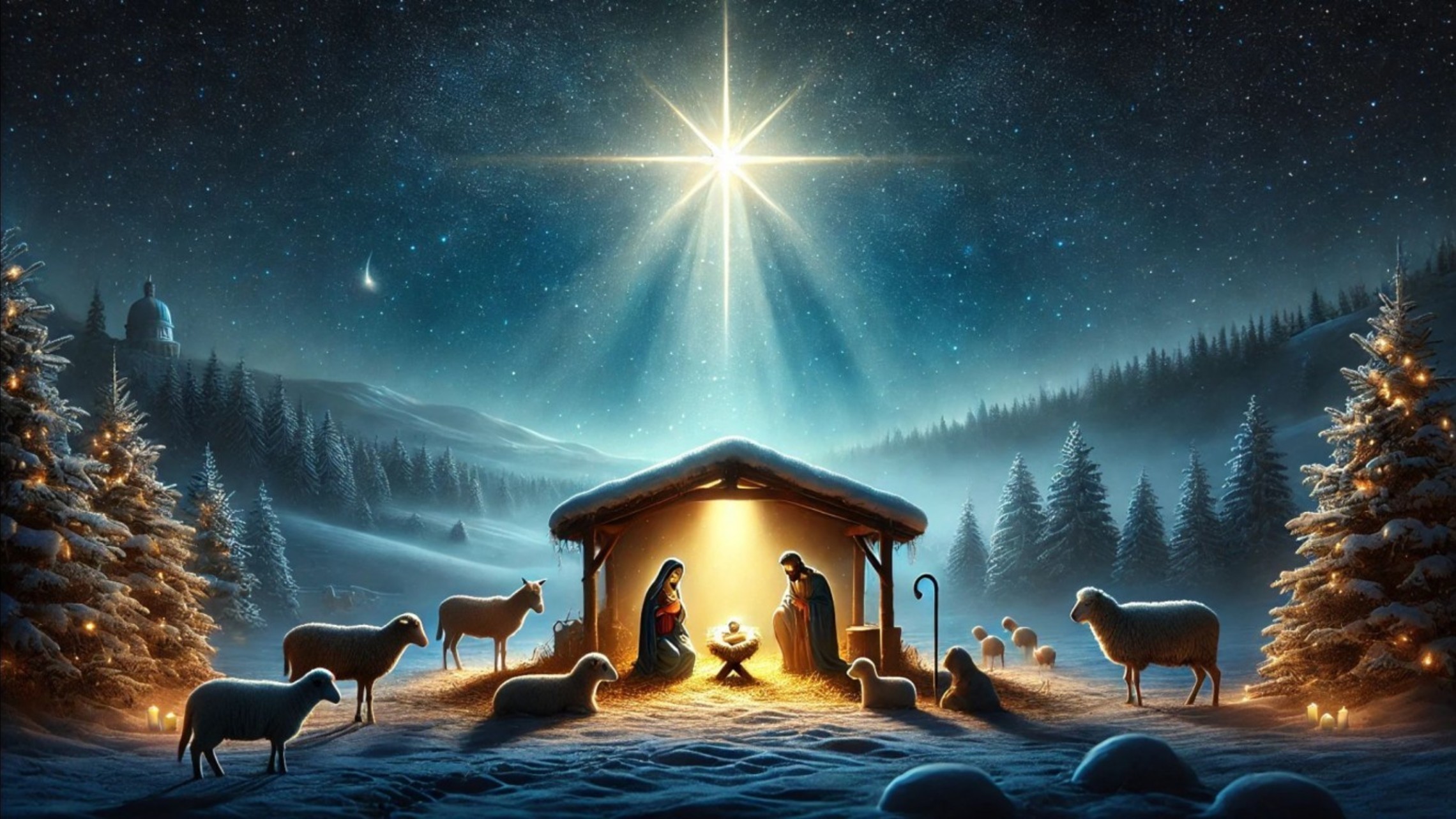 Serene Nativity Scene Set Under A Radiant Glowing Star In A Deep Blue Night Sky The Star Casts A Soft Celestial Light Over The Scene Hd Christmas 1366x768 1
